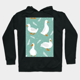 White Pekin Ducks with feathers and dots repeat pattern Hoodie